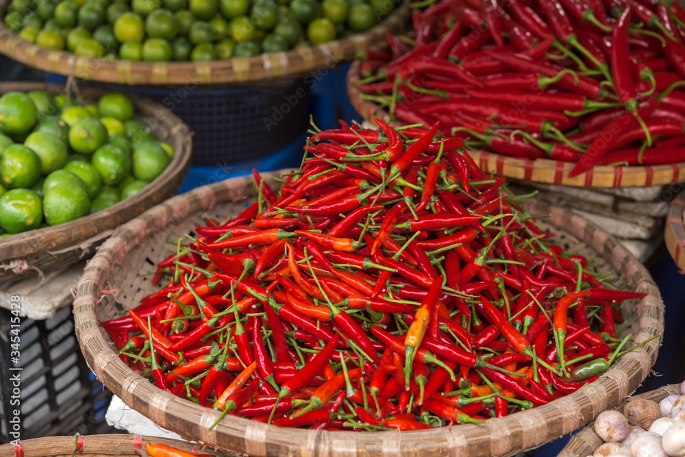 Baskets with pepper on the traditional  street market, Hanoi, Vietnam.