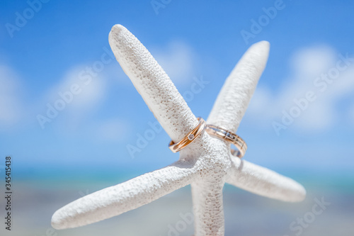 Photographie Wedding rings close up decorated nautical with accessories for tropical wedding
