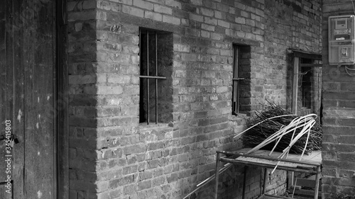 Old abandoned house in Asia, century-old, jail, hospital, background, black and white building