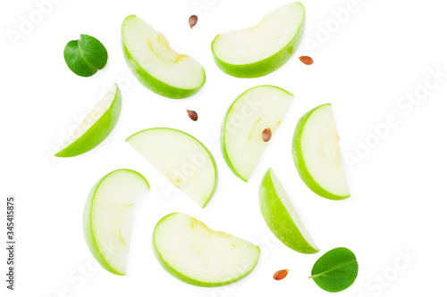 piece of green apple with green leaves isolated on white background. top view