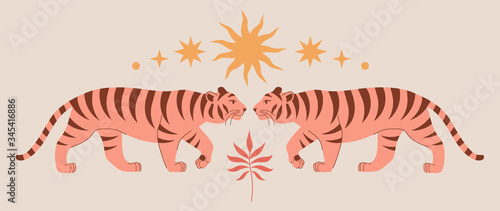 Modern abstract art print with cute tigers, tropical branch, stars. Boho style. Cosmic minimalistic scene. Isolated elements. Protect wild animals poster. Pastel colors clipart image. Magic concept.