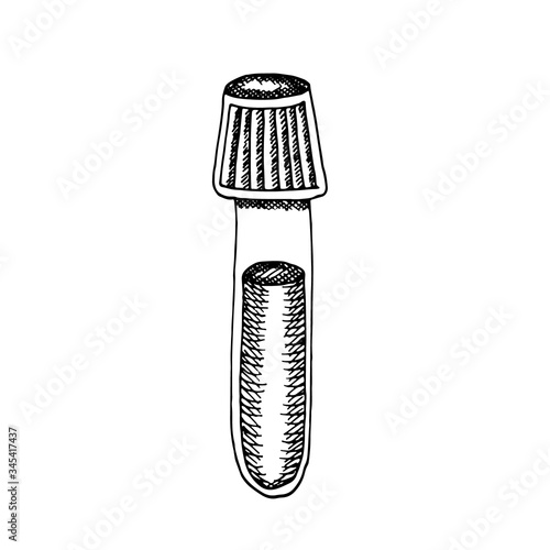 Medical glass tube with blood sample isolated on white. Medical laboratory equipment for express test, diagnostics. Vector illustration in sketch style of vacutainer container, vaccine concept.