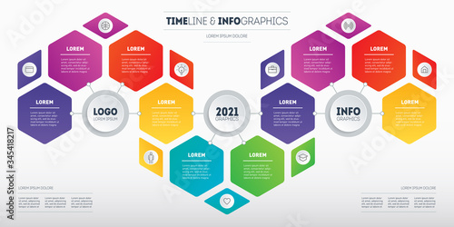 Business presentation or Infographics concept with 10 options. Diagram design template. Symmetric Infographic of technology development or education process with ten steps.