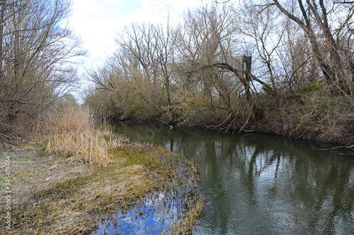 View of the picturesque turn of the river and trees in early spring. Nature and the environment