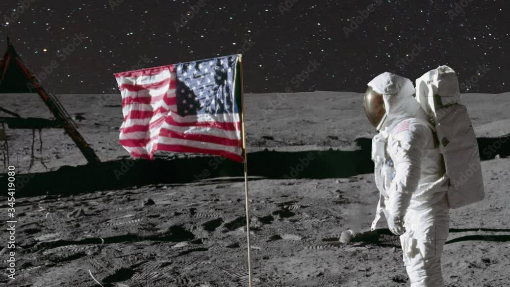 Animation of An Astronaut in space standing on the moon with American ...