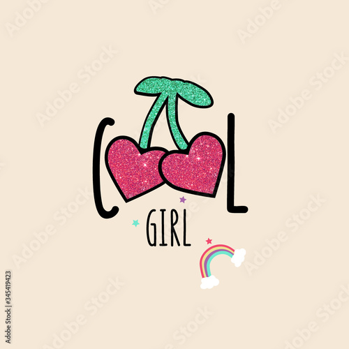 cherry glitter black text line color star rainbow girl tee illustration art vector