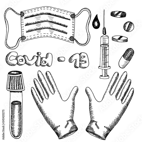 Set of medcial equipment for covid-19 pandemic. Vector sketch illustrations isolated on white background. Latex gloves, glass tube, vacutainer, syringe, blood, mask, pill, capsule, vaccine.