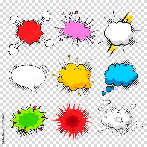 Vector set of blank or empty comic sound effects. Cartoon comics speech bubbles for different phrases.