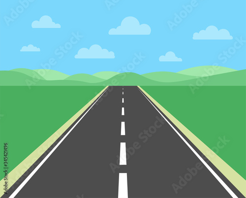 Straight road in countryside with white markings . Road way location template. Highway in aerial perspective. Vector illustration.