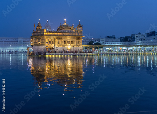 blue hour at durgiana temple in the city of Amritsar