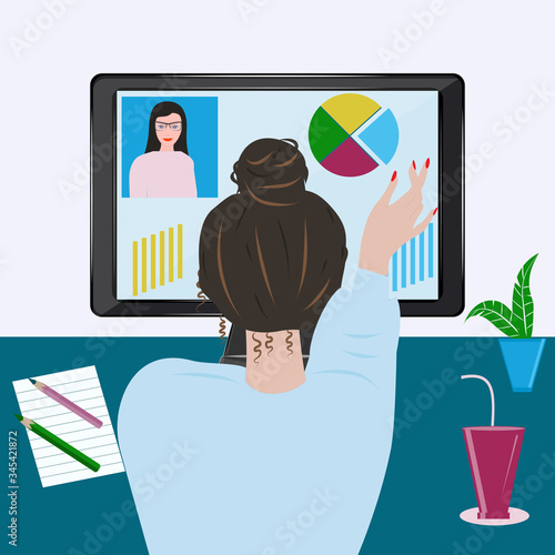 Woman at the desktop, computer, customer contact - vector. Stay at home. Quarantine. Online lesson. Work from home.
