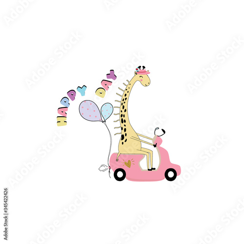 giraffe motorcycles glitter heart balloon color text line girl tee illustration art vector