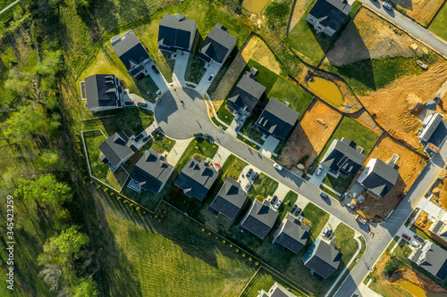 Aerial top down view of cul de sac dead end street with newly constructed single family homes and a home site for new construction at a new residential development in the East Coast USA  photo