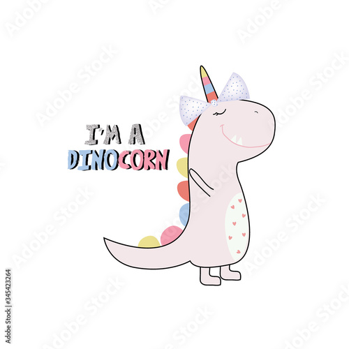 dino unicorn glitter color text line girl tee illustration art vector
