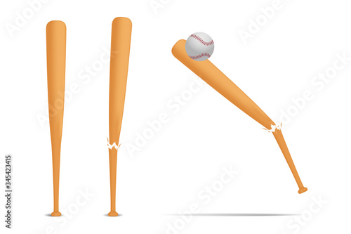 Baseball ball and wooden bat on white background. Realistic 3d Mock up set sport equipment. Unsuccessful hit with a baseball bat. American national game gear whole and broken. Vector illustration