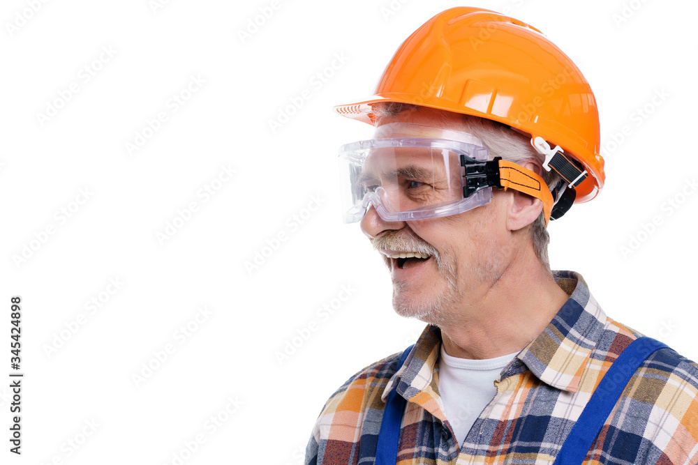 Portrait of foreman smiling in his yellow hardhat smile on white background Portrait of foreman smiling in his yellow hardhat smile on white background