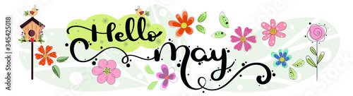 Hello May. MAY month vector with flowers, birds and leaves. Decoration floral. Illustration month may	
