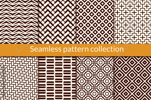 Geometric seamless pattern collection. Geo design background set. Triangle, circle, zig zag, diamond, cross print kit