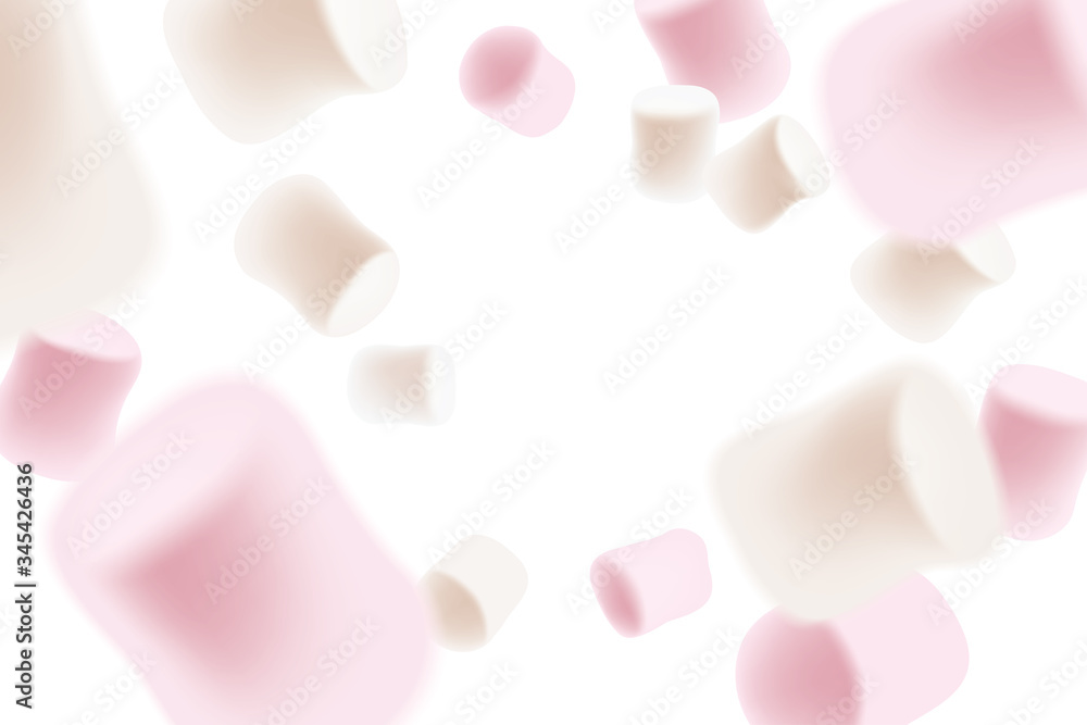 Marshmallow falling. Flying tasty white and pink marshmallows isolated on white background. Marshmallow candy background. Marshmallow falling. Flying tasty white and pink marshmallows isolated on white background. Marshmallow candy background.