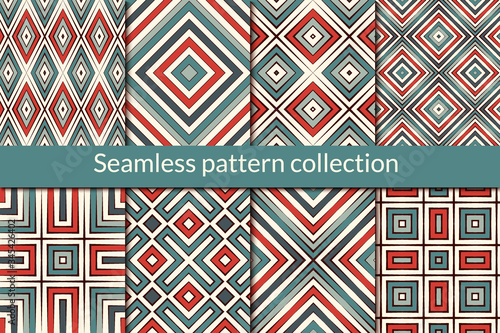 Ethnic seamless pattern collection. Folk backgrounds set. Eclectic prints. Geometric motif. Boho chic geo vector bundle