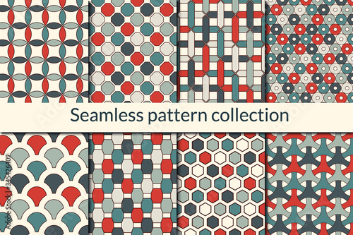 Classic geometric seamless pattern collection. Geo background set. Maze line, hexagons, scale, circle, diamond print kit