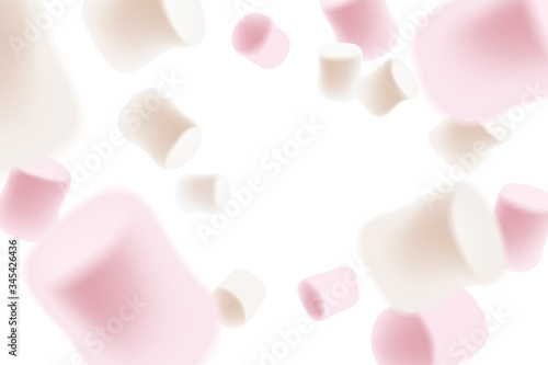 Marshmallow falling. Flying tasty white and pink marshmallows isolated on white background. Marshmallow candy background.
