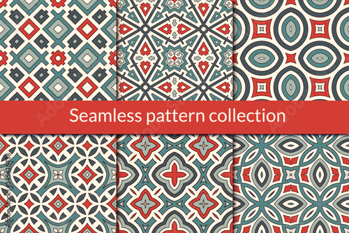 Ethnic seamless pattern collection. Folk backgrounds set. Eclectic prints. Geometric motif. Boho chic geo vector bundle