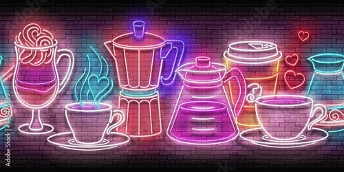 Glow Seamless Pattern with Different Types of Coffee