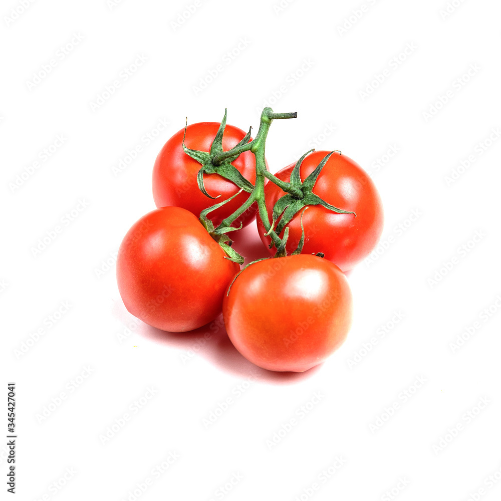 four fresh tomatoes with green leaves isolated on a white background. Juicy red tomatoes. Ripe vegetables. Organic product. four fresh tomatoes with green leaves isolated on a white background. Juicy red tomatoes. Ripe vegetables. Organic product.