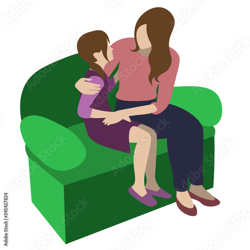 mother and daughter sitting on the sofa, talking and hugging