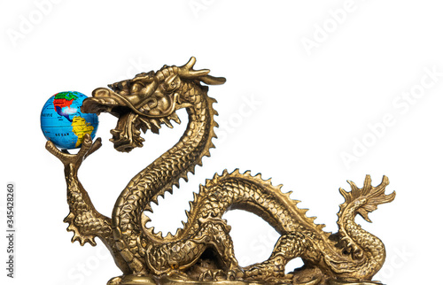 Chinese Dragon holding a globe, turned to the Americas. Isolated on white