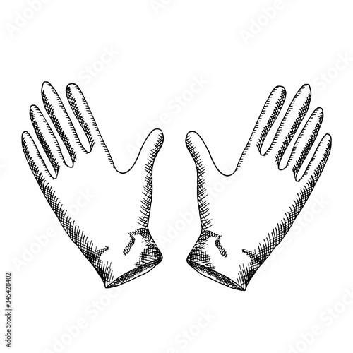 Pair of disposable latex glove for medical workers, doctors, for cleaning house and washing dishes, garden work. Vector hand drawn sketch illustration. Concept of hygiene, protection individual, safe.