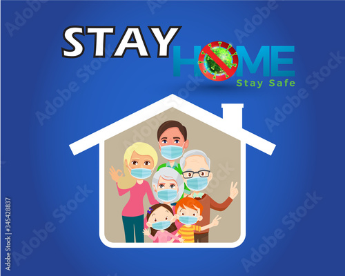 Poster concerning the measure  Stay at home  representing a family wearing a mask confined in their house on a blue background