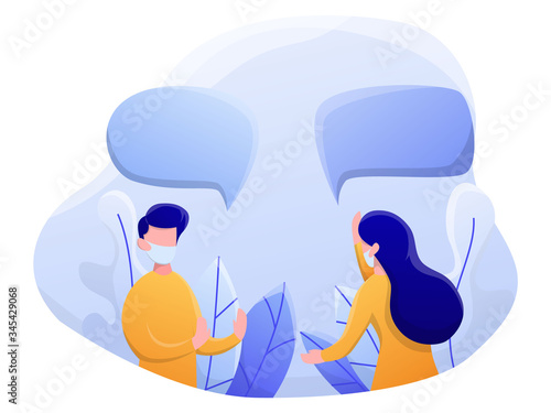 physical or social distancing vector illustration, man and woman using a mask, chat with dialog speech bubbles, flat style, gradient