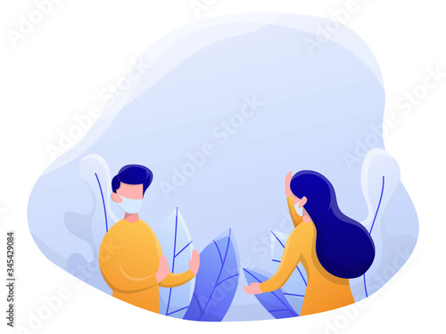 physical or social distancing vector illustration, man and woman using a mask, flat style, gradient