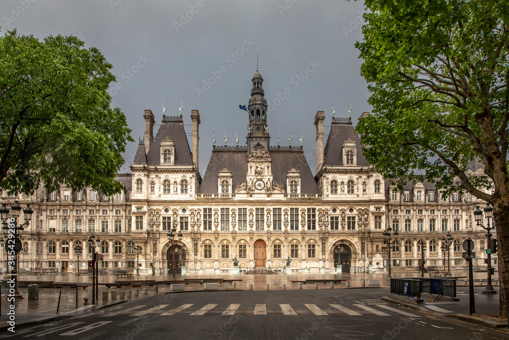 Paris, France - April 28, 2020: Town hall of Paris in France during lockdown due to covid-19. Streets are empty