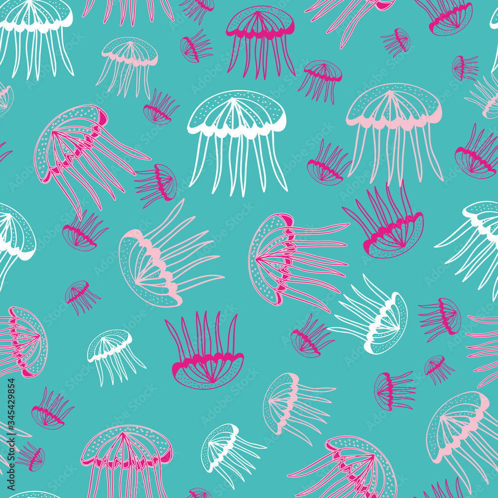 Vector seamless sea pattern with jellyfish. Tile texture with medusa. Underwater pattern. Editable. Vector seamless sea pattern with jellyfish. Tile texture with medusa. Underwater pattern. Editable.
