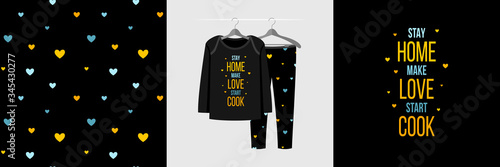 Fotografi Seamless pattern and illustration set with quote Stay home Make love Start cook