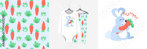Seamless pattern and illustration set with rabbit hugs carrot, Nummy text