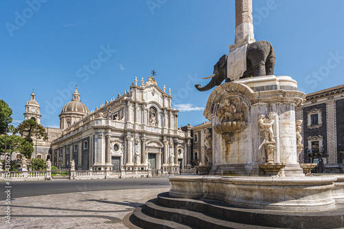 Catania, Sicily (Italy). Dome square and the fountain of the elephant (1737) main landmark of the city with the Cathedral of Saint Agatha in the background. photo