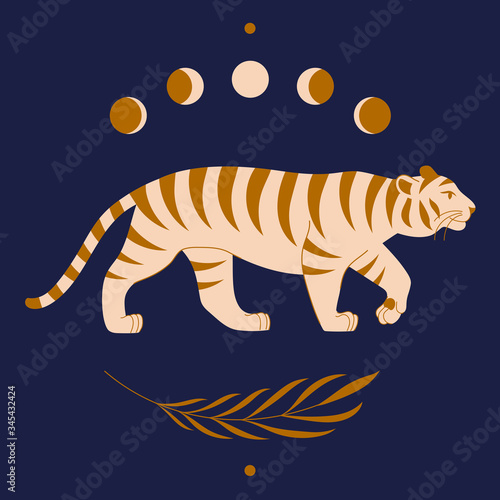 Modern abstract art with cute tiger, tropical branch, moon phases. Boho style. Mid Century print. Cosmic minimalistic scene. Protect wild animals poster. Magic concept. Vintage inspired art 