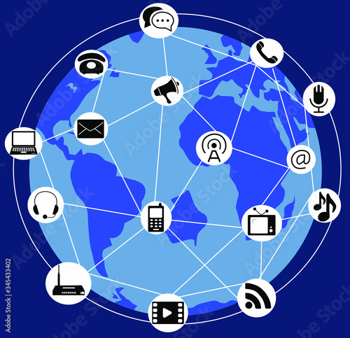 Día internacional de las telecomunicaciones, globo terráqueo rodeado de iconos de telecomunicaciones conectados
