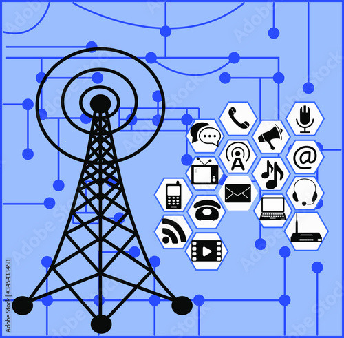 telecomunicaciones, torre de telecomunicaciones con iconos, para conmemorar el día internacional de las telecomunicaciones, sobre un fondo azul claro