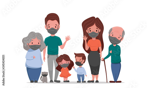 Coronavirus in whole world. White family in medical face mask. Concept of coronavirus quarantine 2020. Protect your family and prevent the flu, vector flat cartoon illustration.