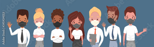 Group of multicultural workers or students (white, african, black). Young people in medical masks isolated characters on colored background. Coronavirus precautions. Vector flat cartoon illustration 