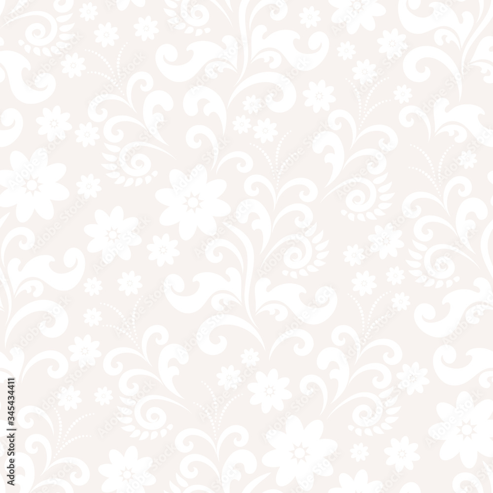 Floral pattern. Vintage wallpaper in the Baroque style. Seamless vector background. White and grey ornament for fabric, wallpaper, packaging. Ornate Damask flower ornament
