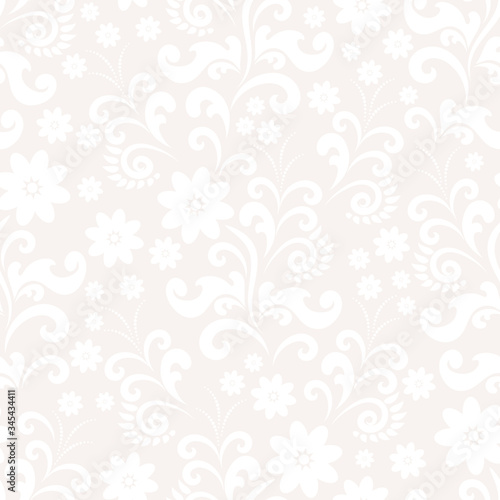 Floral pattern. Vintage wallpaper in the Baroque style. Seamless vector background. White and grey ornament for fabric, wallpaper, packaging. Ornate Damask flower ornament