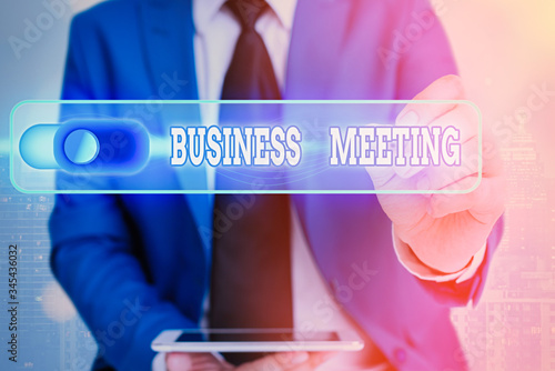 Writing note showing Business Meeting. Business concept for used discuss issues that cannot be addressed in simple way photo