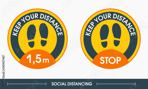 Social distancing. Two traces of a yellow sign with the text keep a distance of 1.5 meters to avoid the spread of the coronavirus. Stickers for public places where there are a lot of people