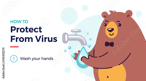 Wash your hands vector illustration with a cute funny bear washing hands. Protect from covid-19 coronavirus virus and prevent any virus disease by washing your hands. Smiling bear character cartoon